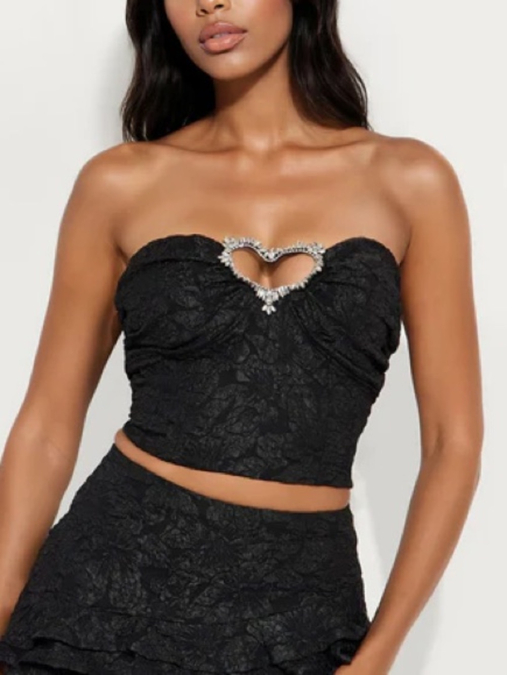 Fashion Nova “Sweetheart Status” Black Tube Top with Heart Crystal Accent